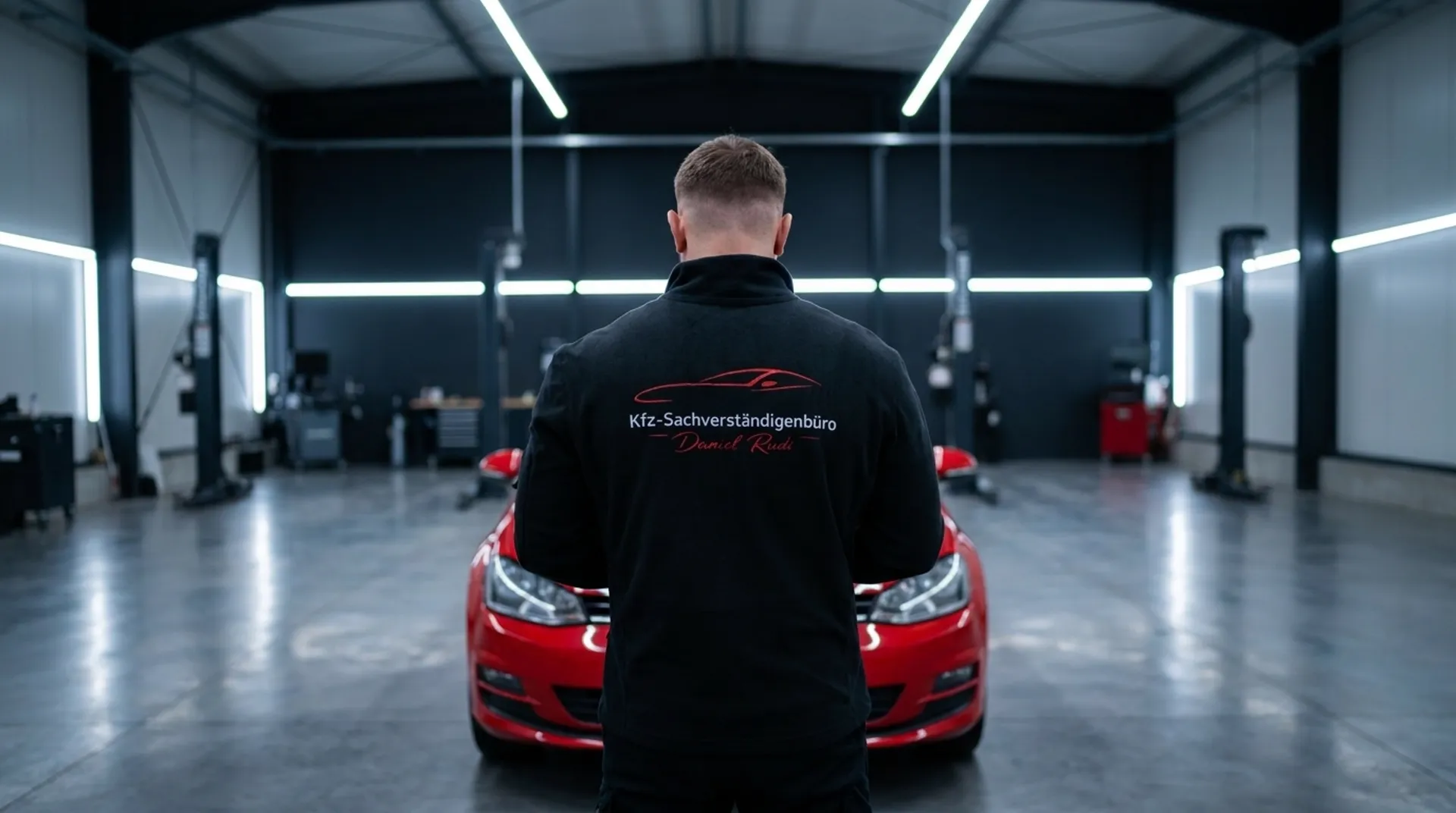 Daniel Rudi in Arbeitsjacke mit Logo des Kfz-Sachverständigenbüros