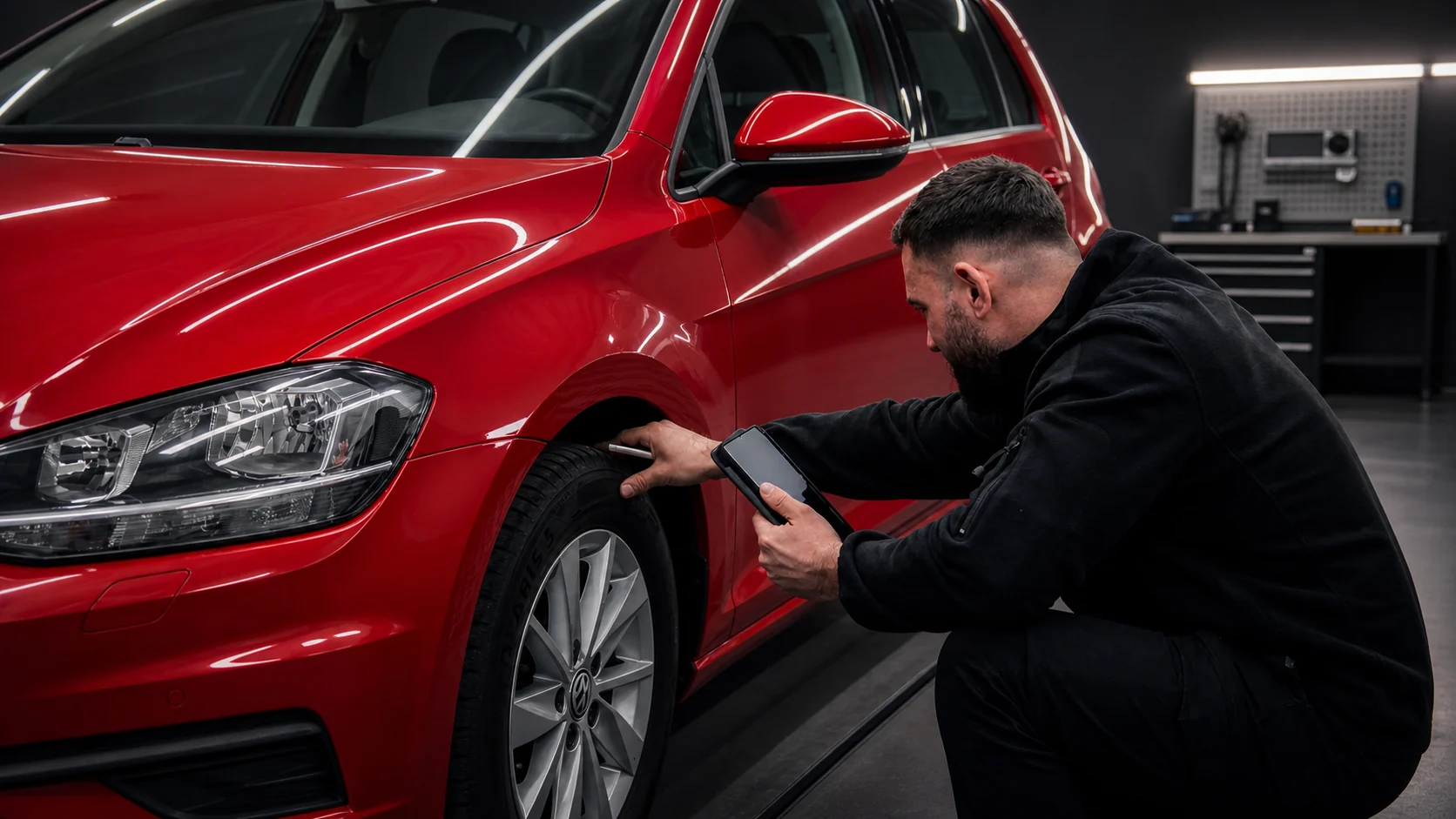 Kfz-Gutachter Daniel Rudi prüft im professionellen Prüfbereich den Radlauf eines roten Pkw mit dem Tablet