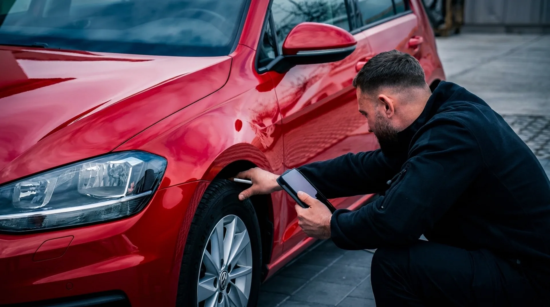 Kfz-Gutachter Daniel Rudi prüft im dunklen Prüfbereich den Radlauf eines roten Pkw mit dem Tablet