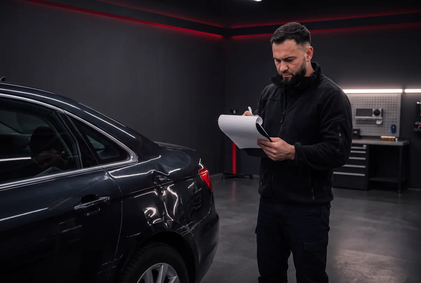 Kfz-Gutachter mit Klemmbrett und Dokumenten am beschädigten Fahrzeug