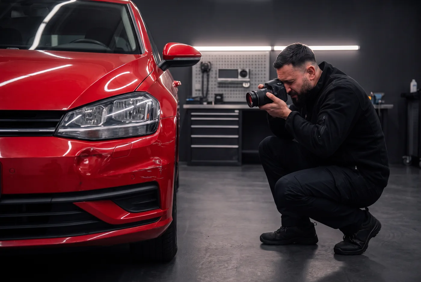 Kfz-Gutachter Daniel Rudi fotografiert im dunklen Prüfbereich den Frontschaden eines roten Pkw